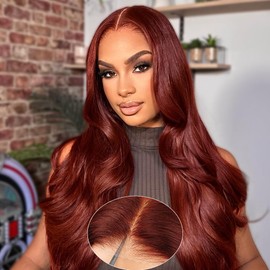 AHUFALU Reddish Brown Glueless Wigs 7x5 Pre Cut Closure HD Lace Human Hair Wear and Go Reddish Brown Lace Front Wigs Human Hair 180% Density 28inch Copper Human Hair Wig