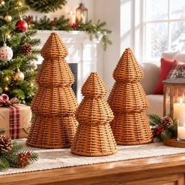 Bucherry Juego de 3 piezas de decoración de árbol de Navidad de ratán Decoración rústica de mesa de Navidad Decoración de árbol de Navidad pequeña