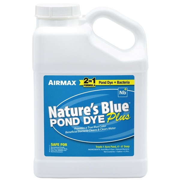 Airmax Pond Dye Plus, Nature's Blue Colorant & Natural Beneficial Bacteria, Large Pond & Lake Water Clarifier & Color Treatment, Shade Plants & Algae from Sunlight, Fish & Livestock Safe, 1 Gallon
