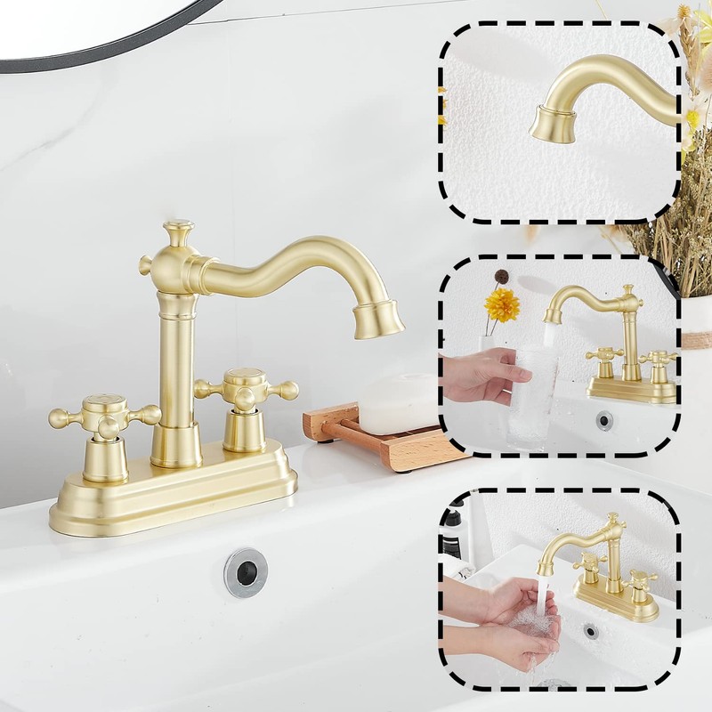 Bathroom Faucet Brushed Gold GGStudy 2 Handles 4 Inches Centerset