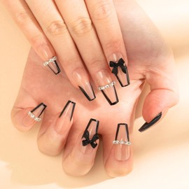 UMAKER Nail Tip, Black, Korean, Ballerina, Long Nail, Cute, Mine Type, Mass Production, Popular, 24 Pieces (Black Ribbon, 24 Pieces)