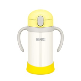 THERMOS Baby Straw Mug FJL-350, Yellow White (YWH), 11.8 fl oz (350 ml), Water Bottle, Children, Stainless Steel Vacuum Flask Construction, Spare Straw Set Included, Easy to Use, One-Touch Opening