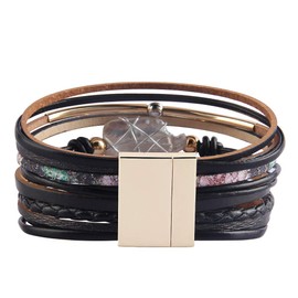 LIANCHI Braided Women Wrap Bracelet – Leather Cuff Bangle – Pearl Stone Crystal – for Women,Girls Gift (Black)