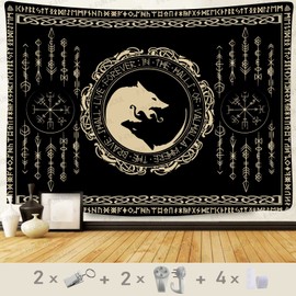 F-FUN SOUL Nordic Vikings Tapestry, 80x60inches Soft Flannel, Viking Violence Wolf Celtic Rune Scandinavian Aesthetic Mythology Tapestry Wall Hanging for Bedroom Living Room Decor GTZYFS1791