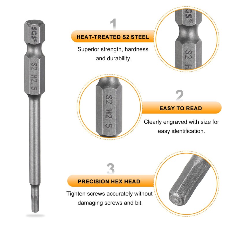 sourcing map 3pcs H2.5 Hex Head Drill Bit Wrench 2.5mm
