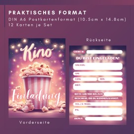 HIDEBLOOM Cinema Invitation Cards Children's Birthday Girls I Pack of 12 I DIN A6 (10.5 cm x 14.8 cm) I Invitation Cinema Children I Invitation Birthday Popcorn I Invitations Cinema Party