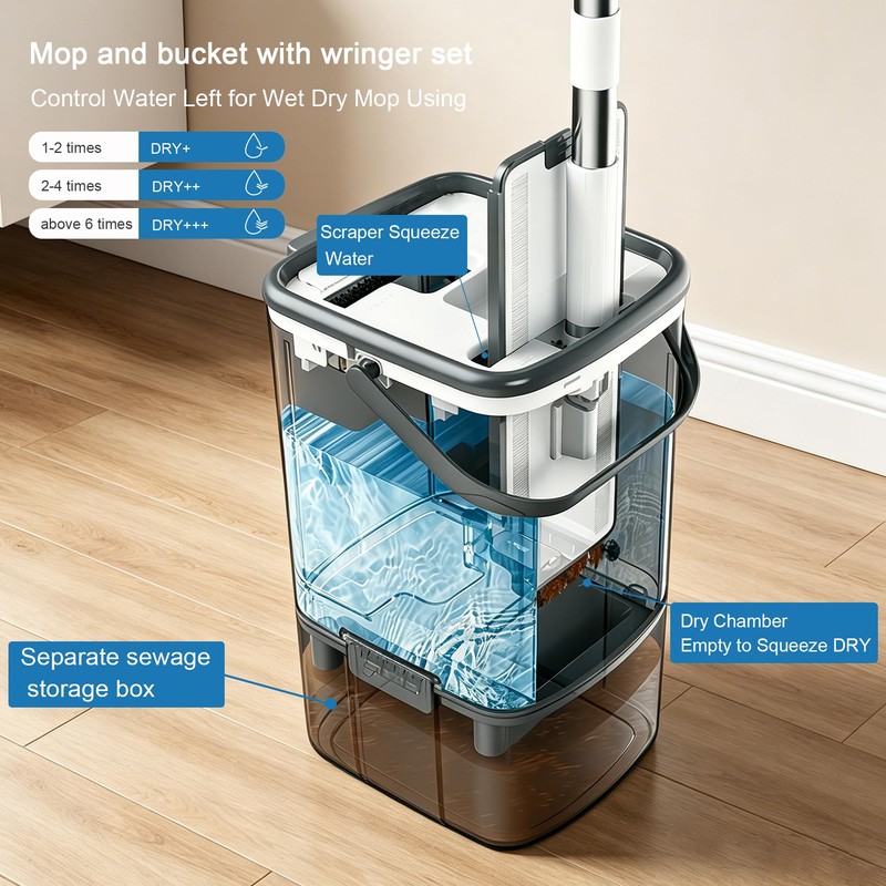 Flat Mop and Bucket System with Wringer Set, Wet Dry