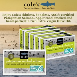 Cole's Patagonian Smoked Salmon Fillet w/Lemon & Dill in Extra Virgin Olive Oil | 3.2 oz Hand-Packed Smoked Salmon Canned | 13g Protein | Pack of 5