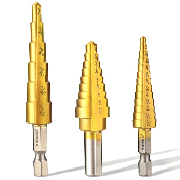 amoolo Titanium Step Drill Bit Set (3Pcs), Total 28 Sizes