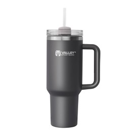 Valley Sportsman 40 oz Stainless Steel Tumblers with Handle, Spill-proof Lid and Straw, Double-Walled Insulated, BPA-Free, Perfect for Hot and Cold Drinks, Gray