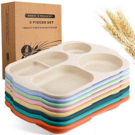 Vesici 8 Pcs Large 12 Inch Unbreakable Divided Plates for Kids Adults - Wheat Straw Tray - Microwave Dishwasher Safe - Reusable Plastic Compartment Plates(Multicolor)