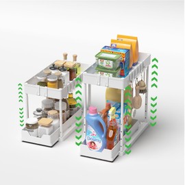 mosala Under Sink Organizers and Storage 2 Pack - Height Adjustable 2 Tier Sliding Bathroom Cabinet Organizer with Hooks - Multi - Purpose Under Kitchen Sink Organizer - white