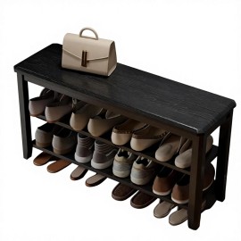 Wood 2-Tier Rectangular Shoe Rack Bench with Leather Cushion for Entryway & Bedroom 2 Tier Shoe Bench with Shoe XD008color: Black-wood seat, size: 23.6"W x 20.4"H x 11.8"D