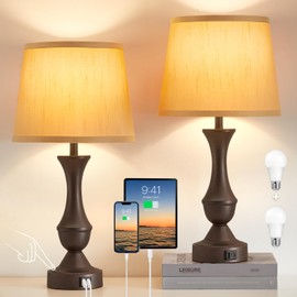 Luvkczc 22" Table Lamp Set of 2 - Farmhouse Vintage Brown Bedside Lamp with Brown Fabric Shade, 3-Way Dimmable, USB C+A Ports, Nightstand Lamp for Living Room Bedroom (Bulb Included)