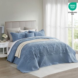 CHIXIN Oversized King Bedspread 128x120 Extra Wide - Lightweight Bedding Cover - Beautiful Stitching - 4 Piece Reversible Bedspread - Luxury Damask Paisley Pattern (King/Cal King, Ashley Blue)