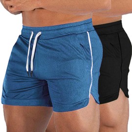 EVERWORTH Pantalones cortos deportivos para hombre, para gimnasio, entrenamiento, pantalones cortos casuales para correr, culturismo, 5 pulgadas de entrepierna, Paquete de 2: azul, negro, Small