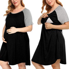 MONNURO Women's Plus Size Labor and Delivery Gown Nursing Nightgown Maternity Sleepwear Dress for Breastfeeding(Black,1X)