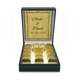 Arras de Boda Matrimoniales Set Con Baño de Oro de 24k con Cofre y Estuche, Wedding Unity Coins (San Benito)