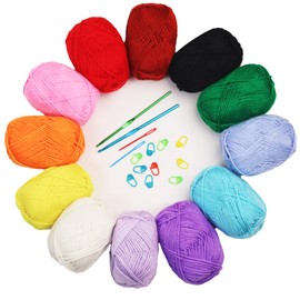 SUNTQ 12x50g Large Acrylic Yarn Skeins, 28 PCS Crochet Yarn Kit in 12 Assorted Colors Bundle, 1200 Yards Yarn Balls, 2 Hooks, 2 Needles, 10 Stitch Markers, Ideal Starter Pack for Crochet & Knitting