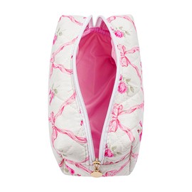 WHHJM Cute Floral Makeup Bag Small Cotton Quilted Cosmetic Bag, Aesthetic Essential Bag Toiletry Period Bag for Women Travel Accessories (Pink Bowknot Rose)