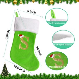 20 Inches Monogram Christmas Stockings with Letters, Large Super Soft Christmas Stockings Green Velvet with White Super Soft Plush Cuff for Christmas Xmas Tree Holiday Fireplace Green