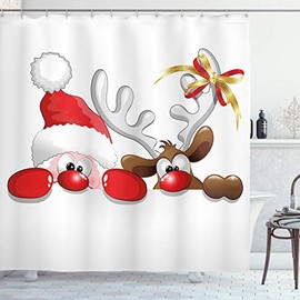 Ambesonne Christmas Shower Curtain, Funny Christmas Santa Claus and Reindeer Peeking Cartoon Style Humor, Cloth Fabric Bathroom Decor Set with Hooks, 70" Long, Vermilion Caramel White