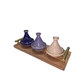 Set of 3 Mini Tagines with Tray - Moroccan Crafts for Condiments and Sauces (12k Gold/Model 01)