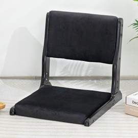 HollyHOME Foldable Tatami Chair, Upholstered Japanese Style Floor Chair, Wood Legless Back Rest Chair with Cushion, Accent Meditation Floor Seat for Bay Window, Living Room, Bedroom, Black