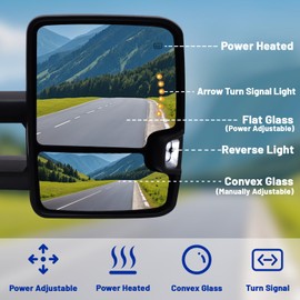 Towing Mirrors A Pair for 2003-2007 Chevy Silverado/GMC Sierra 1500 2500 3500HD, Smoked Turn Signal, Glass Arrow Light, Clearance Light, Power Heated, Telescopic & Folding, Chrome
