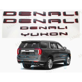4Pc Set Denali Yukon Emblems Fender Door Rear Tailgate Letters Nameplate 3D Badge Replacement for 2021-2023 Yukon XL (Black Red)