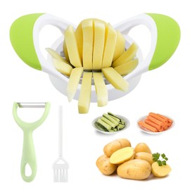French Fry Cutter, Multi-purpose Stainless Steel Potato Slicer Fast Vegetable Salad Garnishing Tools with Cleaning Brush Peeler, Crinkle Cutter Onion Chopper(COLOR:green)
