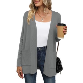 Yommay Cardigan for Women Loose Casual Lightweight Ladies Long Sleeve V-Neck Knitted Sweaters with Pockets,Dark Grey,XL