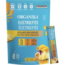 Organika Canadian-Made Electrolytes Powder- Pineapple Passionfruit Sachets- On the Go Sugar-Free Hydration and Electrolyte Replenishment with Prebiotics and Vitamin C- 3.5g x 20ct