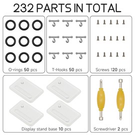 DisplayMore 232Pcs 3.75 inch G.i Joe Action Figure Replacement Accessories,Include 50Pcs T Hooks+50Pcs O-Rings +120Pcs Screws+2Pcs Spanner+10Pcs Figure Display Stands (Clear Square Stands Set-A)