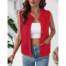 LUYAA Sweater Tank Tops for Women Crewneck Button Sleeveless Sweater Vest Spring Clothes Trendy Red L