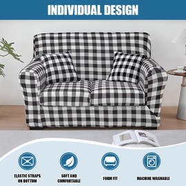 JQinHome 4 Piece Stretch Sofa Cover Printed Couch Cover, Floral Pattern Loveseat Slipcover with 2 Separate Cushion Cover, Washable Furniture Protector for Living Room(Loveseat,Black and White)