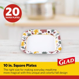 Glad Square Disposable Paper Plates, Falling Foliage Pattern - Strong, Sturdy, Soak Proof, and Microwavable Decorative Plates for Dinner and Everyday Use, 10 Inch, 20 Count