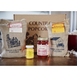 Amish Country Popcorn | 4 lb Burlap Variety Set | 2 lbs Medium White and 2 lbs Yellow Popcorn Kernels - 4 oz Ballpark Style ButterSalt and 16 oz Canola Oil | Old Fashioned, Non-GMO and Gluten Free