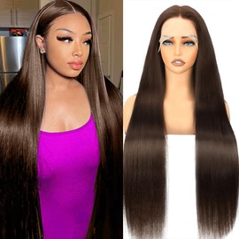 32 Inch Chocolate Brown Lace Front Wig Human Hair 200 Density Brown Wig Human Hair 13x6 Transparent HD Straight Lace Front Wigs Human Hair Pre Plucked Wigs for Women Colored Frontal Wigs Human Hair