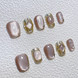 Handmade Press-On Nails with Hand-Painted Short Square Nails Featuring Gold Chrome Powder, Reusable Hand-Painted Nails, Including Tool Kit, 10 Pieces (SHN018-M, Medium)