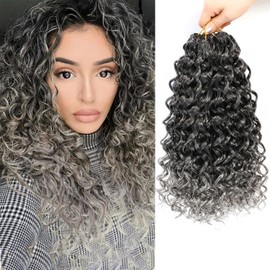 Gogo Curl Crochet Hair 12 Inch 8 Packs Short Curly Crochet Hair for Blcak Women - Beach Curl Crochet Hair - Deep Wave Crochet Hair - Water Wave Braids Synthetic Hair Extensions (12 Inch 8 Packs, T/Grey)