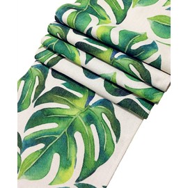BOXAN Classic White Linen Burlap Table Runner with Green Tropical Monstera Palm Leaves for Spring Summer Wedding Party Birthday Party Home Decor, Hawaii Luau Party Decor, 12x72 inch