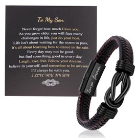 Shegenfaiya Mens Bracelet Gifts for Men/Son Boyfriend or Husband Leather Stainless Steel Bracelet Homme Anniversary Birthday Gifts To My Son Bracelet From Dad Mom Holiday Graduation Gifts Brown