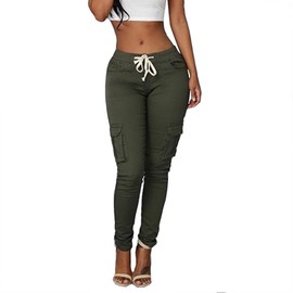 Women's Solid Color Stretch Cargo Joggers Casual Pockets Drawstring Skinny Pants