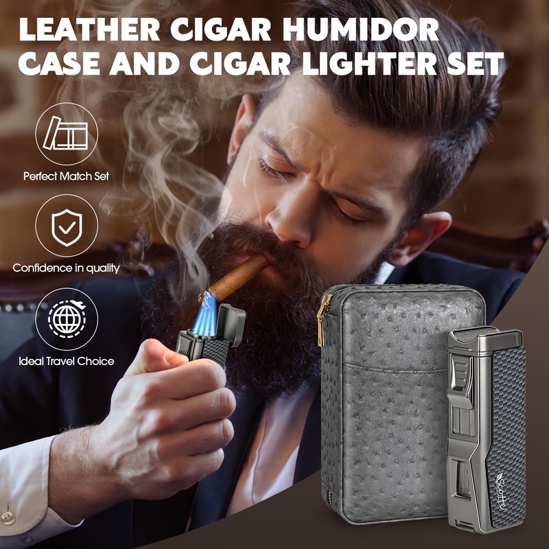 Scotte Cigar Humidor Box, Cigar Lighter Cedar Wood Lined Leather