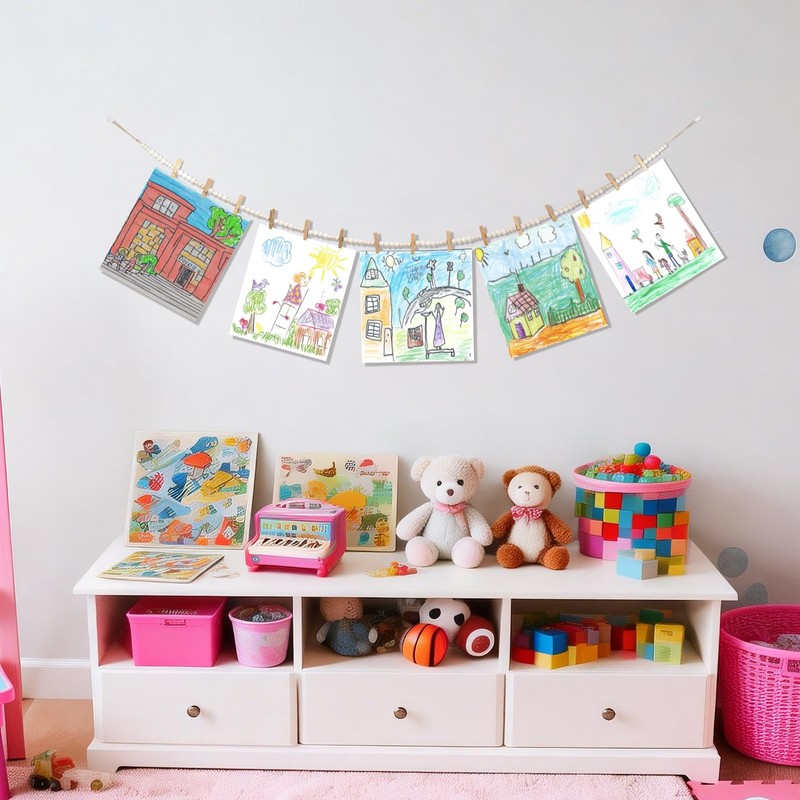 Hanging Photo Display with 15 Clips, 67 Inch Boho Wooden