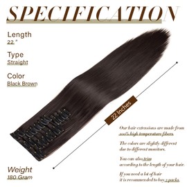 22inch Long Straight Clip in Hair Extensions 180g Full Head 12 Pieces Soft Thick Synthetic Clip in Hair Extension for Women Dark Brown Hairpiece