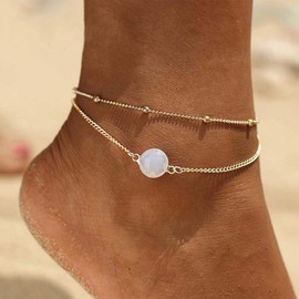 Aneneiceera Opal Moonstone Anklet Boho Layered Gold Ankle Bracelet Summer Beach Anklet Wedding Jewellery for Women and Teenage Girls, Stone