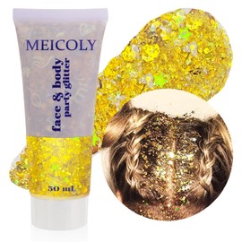 MEICOLY Gold Body Glitter,Yellow Face Glitter,Music Festival Singer Concert Outfits for Women,Holographic Hair Glitter Kids Makeup,Self-Adhesive Sparkle Face Body Glitter,Mardi Gras Accessories