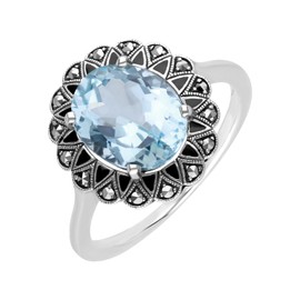 Esse Marcasite Sterling Silver Black Enamel Victorian Blue Topaz & Marcasite Flower Ring (N)